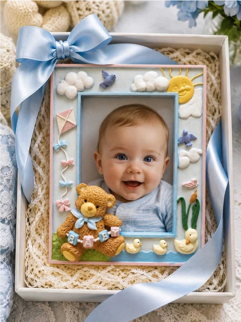 ROMAN Lullaby Baby Picture Frame 3D Teddy Bear Nursery Decor Vintage Gifts NIB